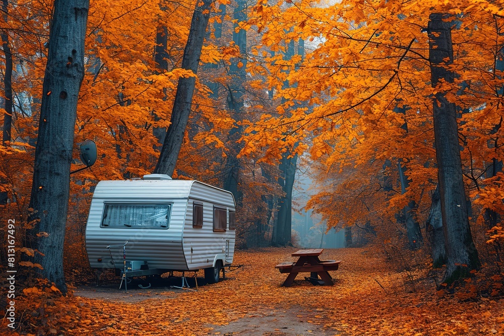 Cozy Trailer of mobile home or recreational vehicle stands n the forest in camping in fall near table set, concept of family local travel in home country on caravan or camper, camping life Cozy Trailer of mobile home or recreational vehicle stands n the forest in camping in fall near table set, concept of family local travel in home country on caravan or camper, camping life