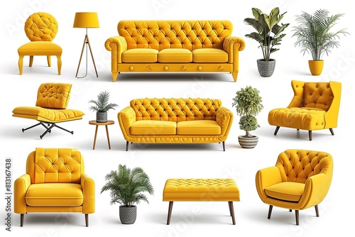 collection of yellow modern furniture items including a sofa, chair, planter, table, lamp isolated on a transparent background for interior designhigh photo