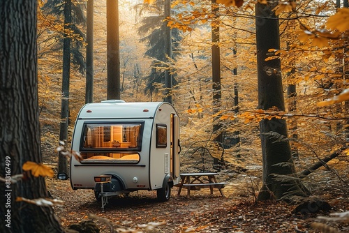 Cozy Trailer of mobile home or recreational vehicle stands n the forest in camping in fall near table set, concept of family local travel in home country on caravan or camper, camping life photo