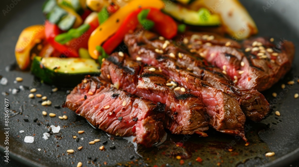 A flavorful flat iron steak marinated in a savory soy-ginger sauce, grilled to perfection and served with stir-fried vegetables.