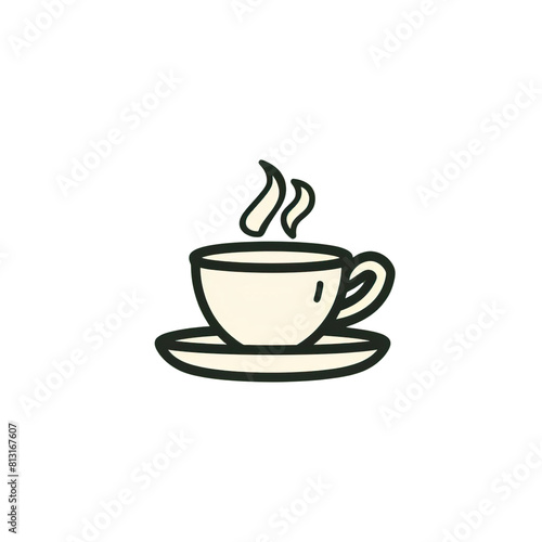 A simple illustration of a coffee cup. The cup is white and has a black outline. The cup is sitting on a saucer. There is steam rising from the cup.
