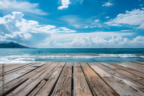 Wooden floor on the beach with blue sky and cloud background. Generative AI