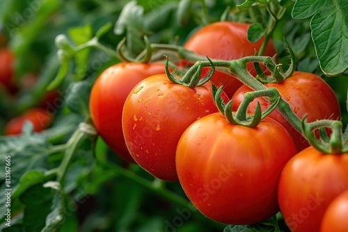 In a greenhouse, ripe cherry tomato plants flourish, resulting in a fresh bunch of red natural tomatoes in an organic vegetable garden.