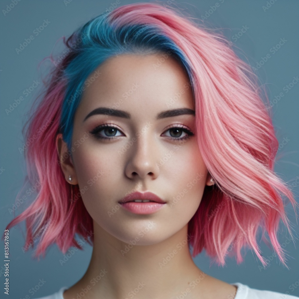 Fototapeta premium Portrait of a young girl with a fashionable hairstyle with pink hair on a blue background