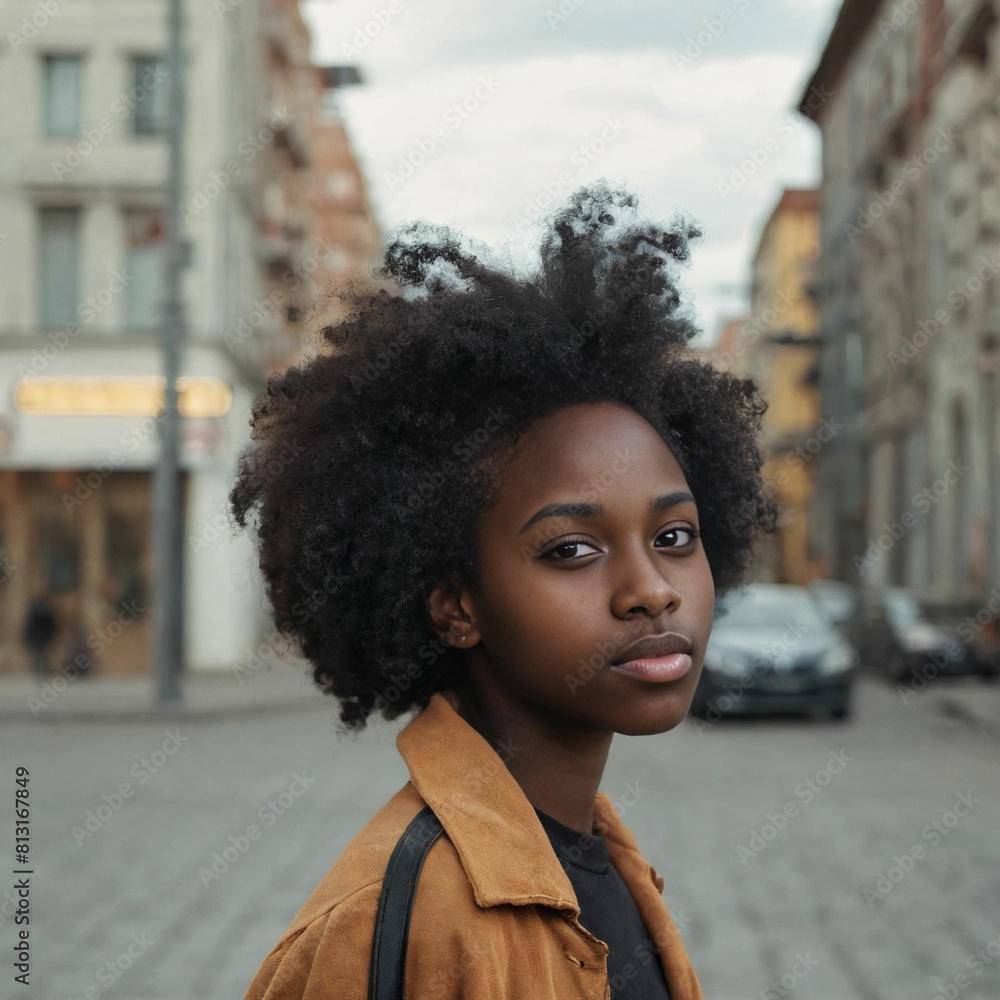 Portrait of a young black girl against the backdrop of a city street