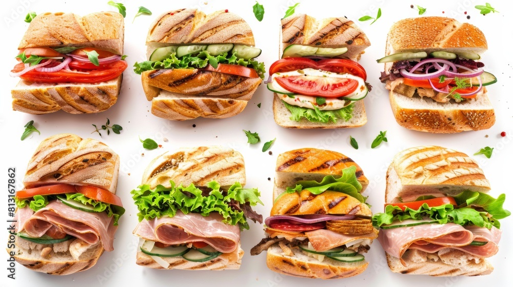 A diverse selection of gourmet sandwiches displayed on a pristine white background, showcasing a delectable array of fillings and flavors. Generative AI A diverse selection of gourmet sandwiches displayed on a pristine white background, showcasing a delectable array of fillings and flavors. Generative AI