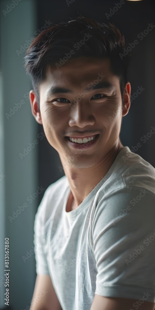 Portrait of young Asian handsome man smiling and looking camera with confidence, vertical orientation Portrait of young Asian handsome man smiling and looking camera with confidence, vertical orientation