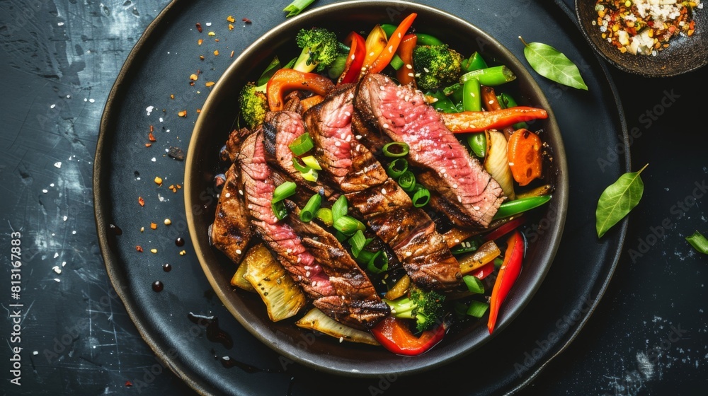 A flavorful flat iron steak marinated in a savory soy-ginger sauce, grilled to perfection and served with stir-fried vegetables.