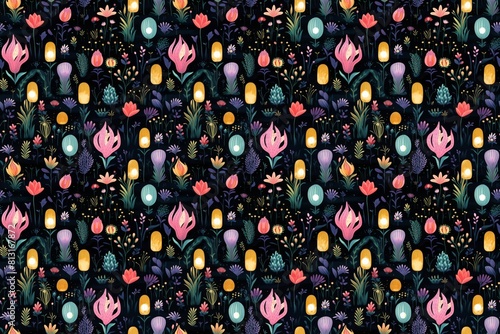 Seamless floral pattern with pink tulips and decorative elements on a dark background. Glowing Garden - flowers that emit a soft glow, lighting up a garden at night like tiny lanterns. #813167872
