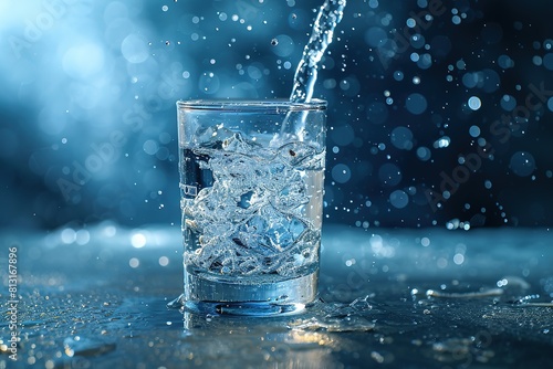 A stream of clear transparent cold water is poured into a glass beakerzero on blue background with beautiful lighting close-up. Water glows in a glasshigh-