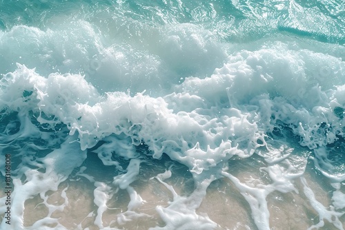 Beautiful natural texture of rolling sea waves surf with white foam and clear water with turquoise and green hueshigh