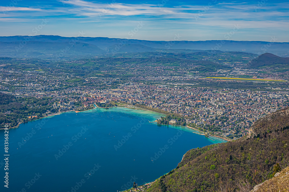 Wonderful views on a walk above the picturesque Lake Annecy. Route along the ridge from Mont Veyrier to Mont Baron from Annecy. Annecy, Haute-Savoie, France. Wonderful views on a walk above the picturesque Lake Annecy. Route along the ridge from Mont Veyrier to Mont Baron from Annecy. Annecy, Haute-Savoie, France.