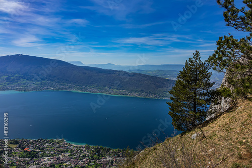 Wonderful views on a walk above the picturesque Lake Annecy. Route along the ridge from Mont Veyrier to Mont Baron from Annecy. Annecy  Haute-Savoie  France.