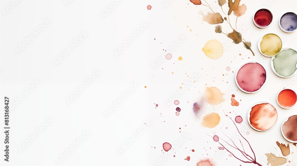 Artistic watercolor painting supplies with autumn leaves and vibrant color splashes on a white background