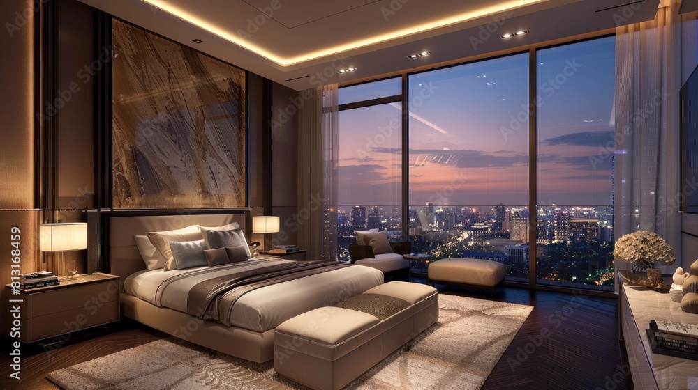 Step Into The Luxury Of A Master Bedroom In A Condominium, Featuring Stunning City Views And Lavish Amenities Step Into The Luxury Of A Master Bedroom In A Condominium, Featuring Stunning City Views And Lavish Amenities