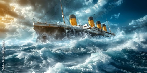 Titanic sinking in choppy waves luxury ship massive battleship cruising blue horizon. Concept Disaster, Maritime History, Oceanic Tragedy, Luxury Cruises, Naval Warfare photo