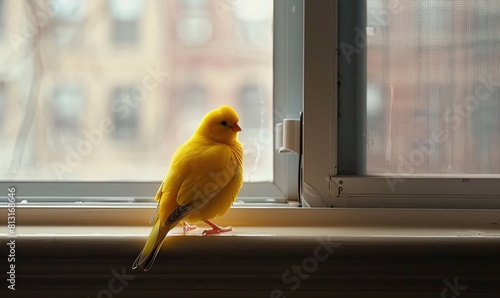 A yellow canary perched on the window sill of an apartment. photo