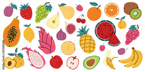 Large set of fruits and berries. Collection of organic vitamins and healthy nutrition. Banana, strawberry, papaya, kiwi, apricot, orange. Hand drawn style, isolated white background.