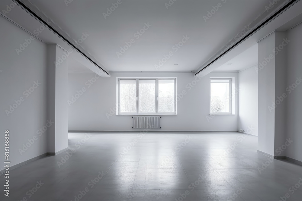 An empty room with white walls and windows, showcasing a serene and minimalistic space An empty room with white walls and windows, showcasing a serene and minimalistic space