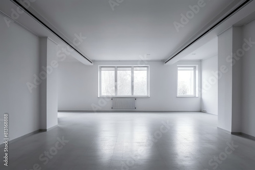 An empty room with white walls and windows, showcasing a serene and minimalistic space
