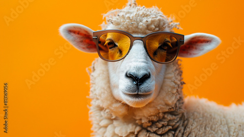 Funny sheep in sunglasses in trendy style on orange background. Portrait pet summer, generated AI © KatrinaEra