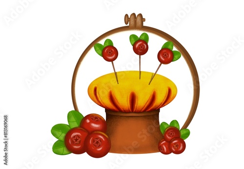 Isolated illustration of embroiderer accessories. Hoop, needle bed.