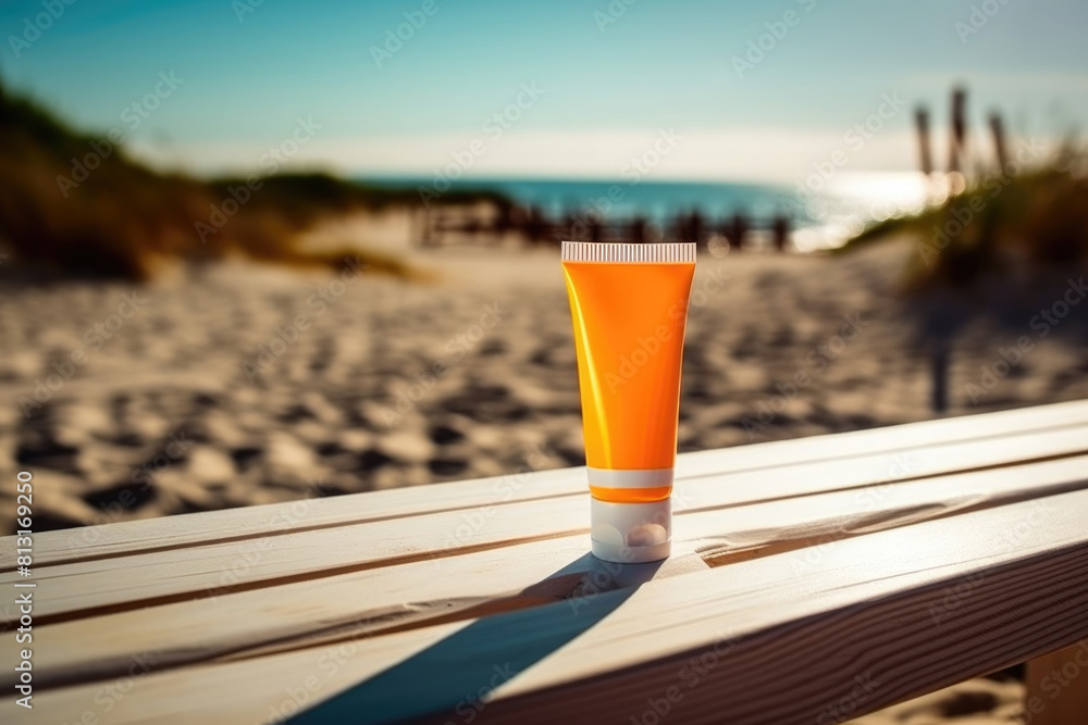 A tube of sunscreen rests on a weathered wooden bench by the sandy shore of a beach, awaiting use under the sun A tube of sunscreen rests on a weathered wooden bench by the sandy shore of a beach, awaiting use under the sun
