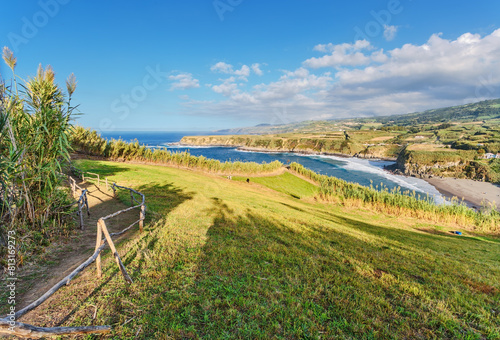 View on mountains, valleys, sea coastline of Sao Miguel island