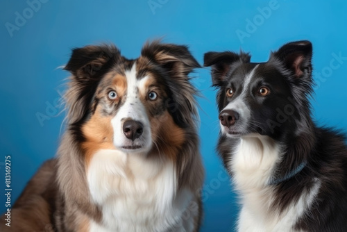 Two dogs are standing in front of a solid blue background