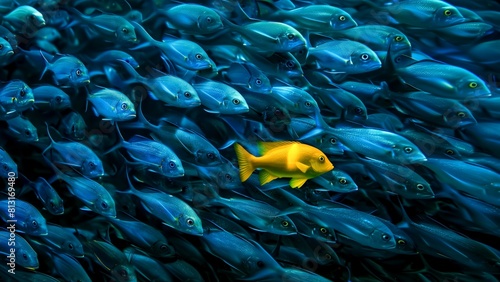 big shoal of blue fish except for one yellow colored among them - concept of being unique and different from the rest
