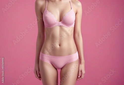 slender figure of young woman in a pink swimsuit on a pink monochrome background