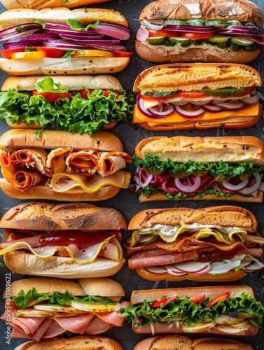 A variety of delicious sandwiches lined up in a row, showcasing different fillings and toppings. Generative AI photo