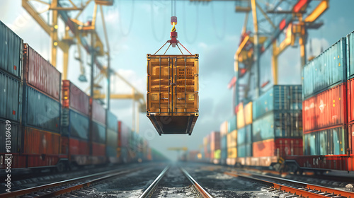 Crane lifting up container in railroad yard photo