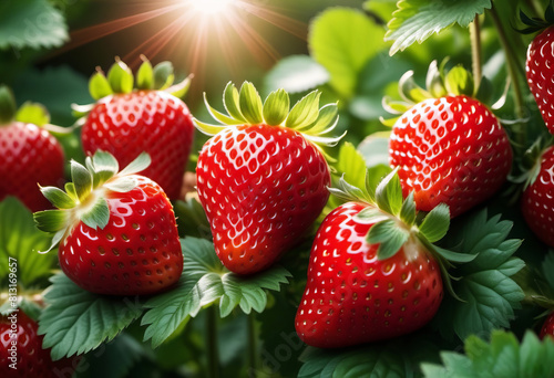 juicy red strawberries in close-up with green leaves