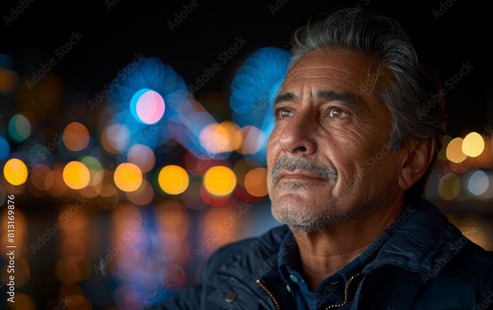 A man with a beard and gray hair is looking at the camera. He is wearing a blue jacket and he is in a contemplative mood