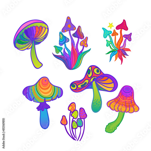 Magic mushrooms collection. Psychedelic hallucination inspired vector set. Vibrant vector illustration. 60s hippie colorful art.