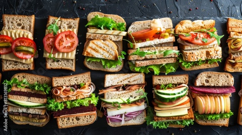 A variety of delicious sandwiches with assorted fillings arranged artistically on a sleek black background. Generative AI