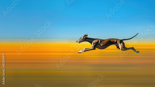 A greyhound dog is running through a vast field under a yellow sky  displaying grace and power in its movements