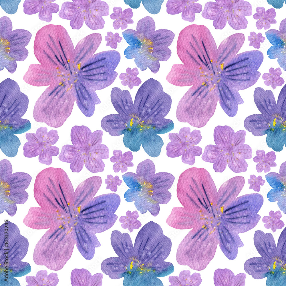 Seamless pattern of hand drawn watercolor flowers floral lilac plants. Herb flower. Drawing summer Botanical greenery illustration on white background. For fabric, wallpaper, wrapping, textile.