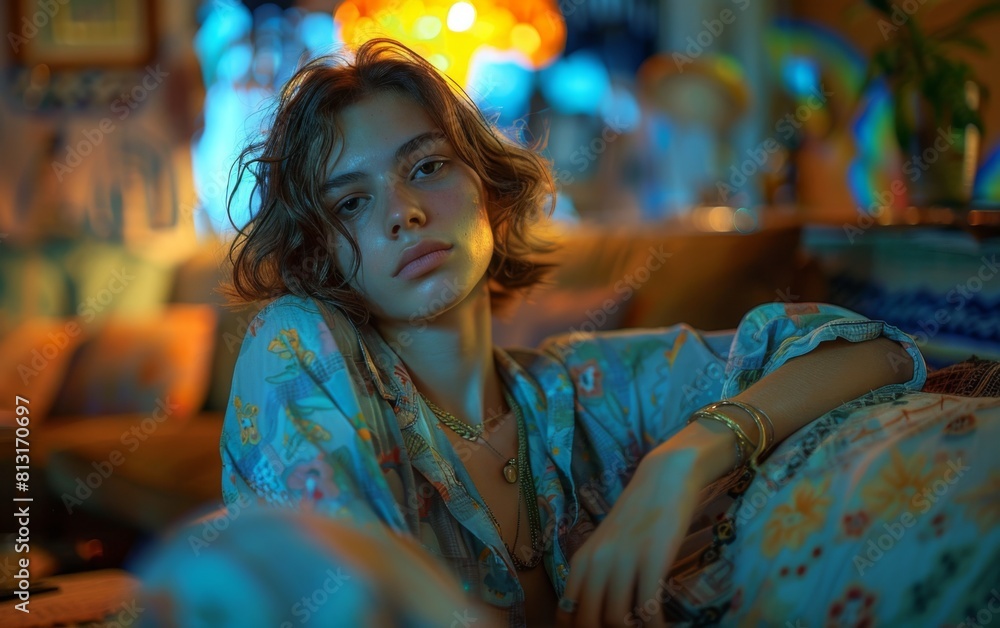 A woman is sitting on a couch with her head tilted to the side. She is wearing a floral shirt and a necklace A woman is sitting on a couch with her head tilted to the side. She is wearing a floral shirt and a necklace
