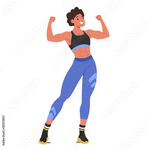 Enthusiastic Female Bodybuilder Flexing Her Muscles Confidently. She Stands In A Dynamic Pose, Wearing Modern Sportswear