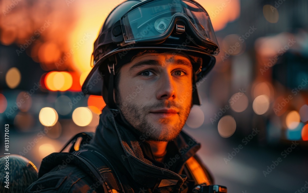 A man in a fireman's helmet is standing in front of a blurry background. The man is wearing a black jacket and a black hat A man in a fireman's helmet is standing in front of a blurry background. The man is wearing a black jacket and a black hat