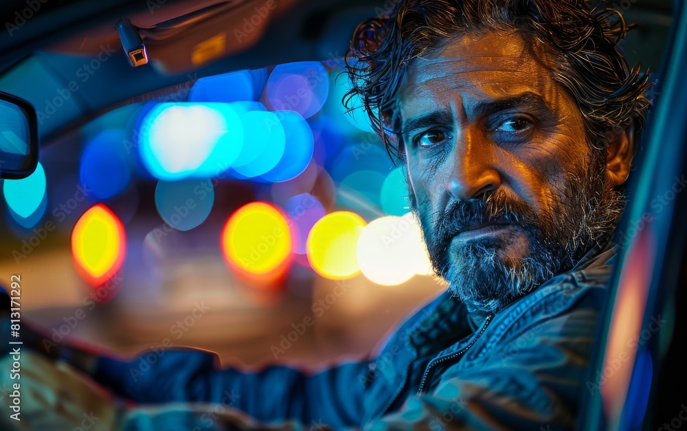 A man with a beard and gray hair is driving a car at night. The car is parked in a parking lot A man with a beard and gray hair is driving a car at night. The car is parked in a parking lot