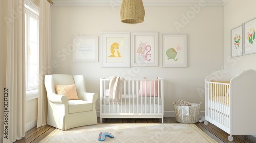 Visualize The Mock-Up Posters Adorning The Walls Of A Child'S Room, Adding Personality And Charm To The Cream-Colored Backdrop