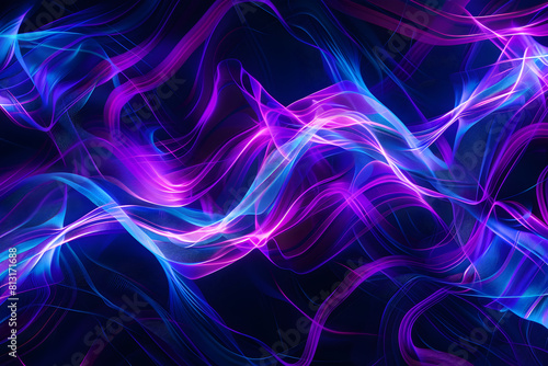 Luminous abstract neon waves with electric blue and purple streaks. Dynamic art on black background.