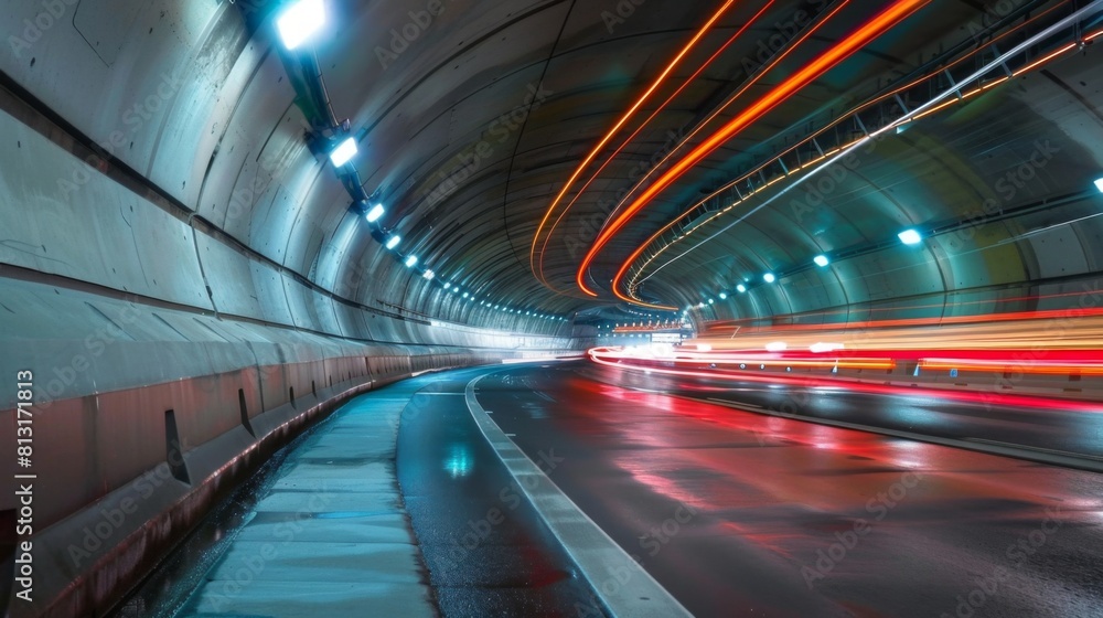 A highway tunnel with streaks of light from passing vehicles, showcasing the infrastructure beneath bustling city streets. A highway tunnel with streaks of light from passing vehicles, showcasing the infrastructure beneath bustling city streets.