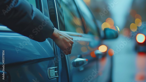 Driver hand opening car door photo