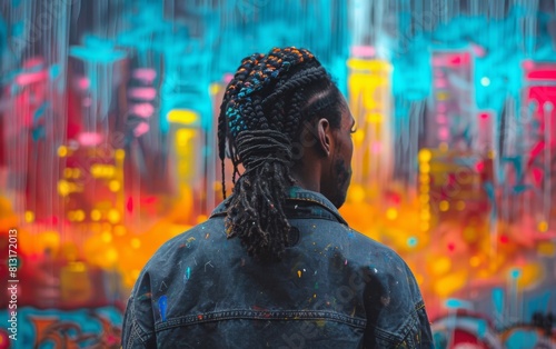 A man with dreadlocks stands in front of a colorful wall. The wall is covered in graffiti and has a cityscape painted on it. The man's jacket is black and has a blue stripe
