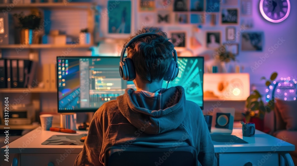 Witness The Focus And Determination Of A Teenage Boy Wearing Headphones As He Works At His Desk In His Bedroom, Pursuing His Goals With Diligence And Dedication Witness The Focus And Determination Of A Teenage Boy Wearing Headphones As He Works At His Desk In His Bedroom, Pursuing His Goals With Diligence And Dedication