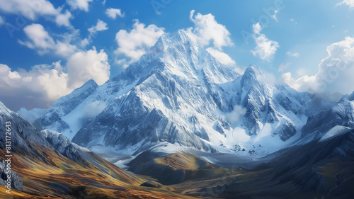 Snowy Mountain Landscape with Clouds and Sky